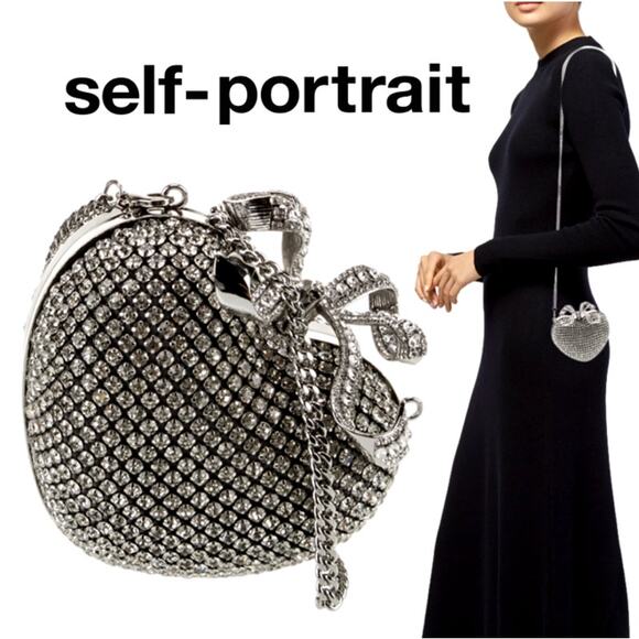 Self Portrait Silver Crystal Bow Heart Evening Bag & Chain Strap - Picture 2 of 12